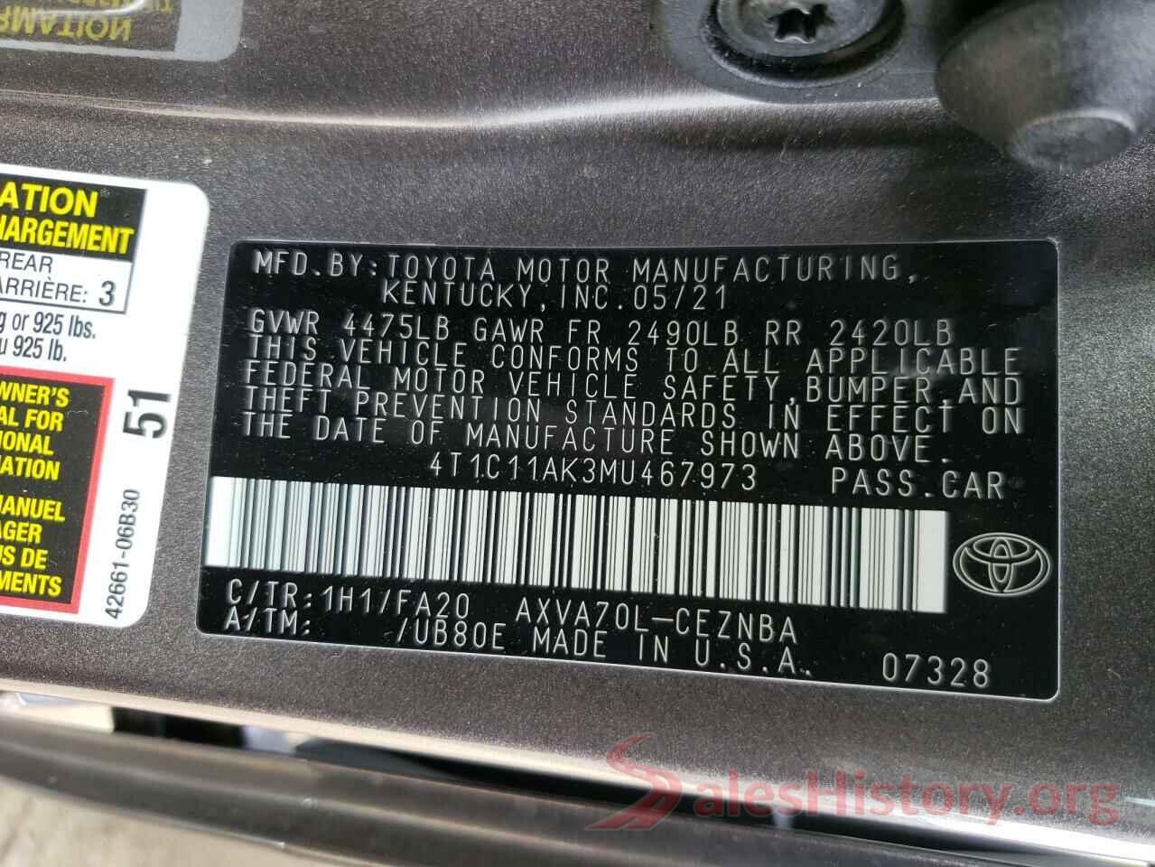 4T1C11AK3MU467973 2021 TOYOTA CAMRY