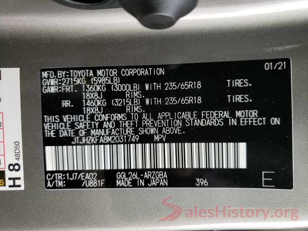 JTJHZKFA8M2031749 2021 LEXUS RX350