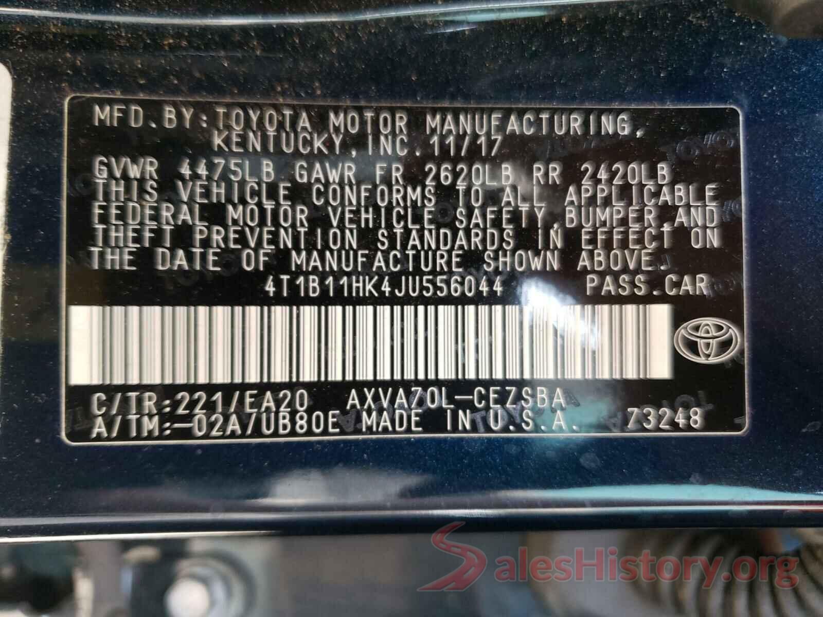 4T1B11HK4JU556044 2018 TOYOTA CAMRY