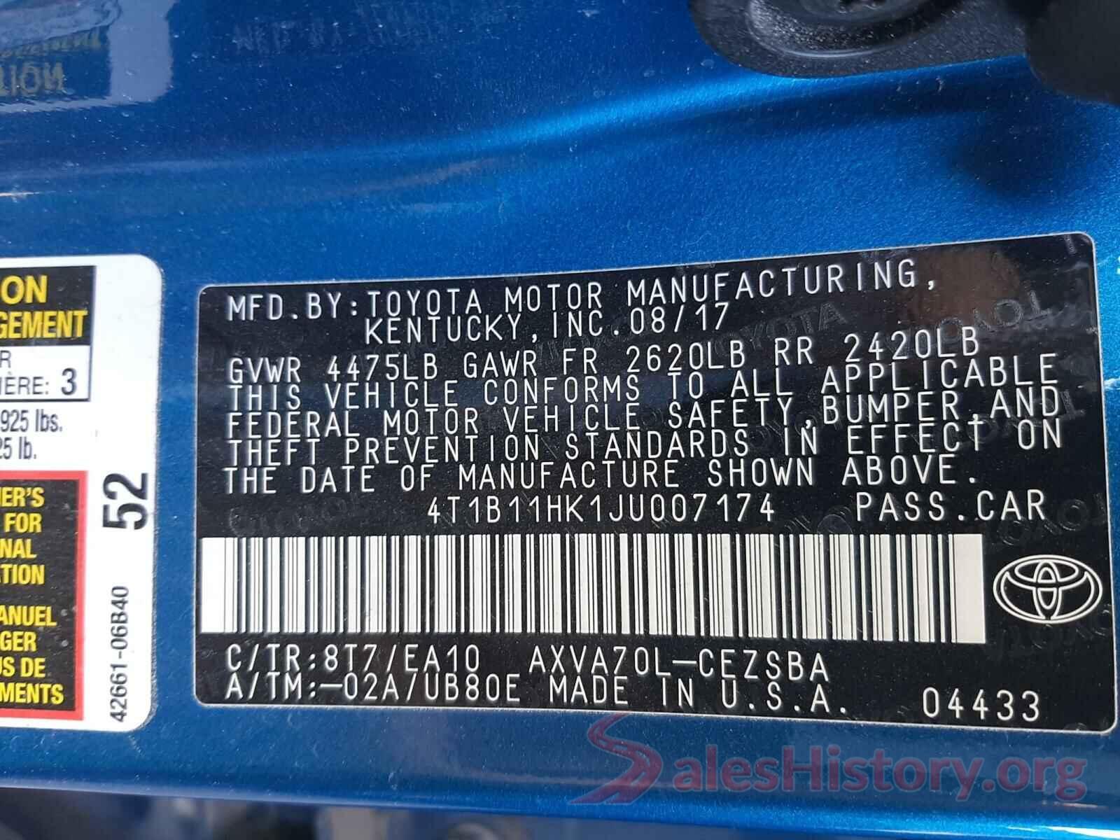 4T1B11HK1JU007174 2018 TOYOTA CAMRY