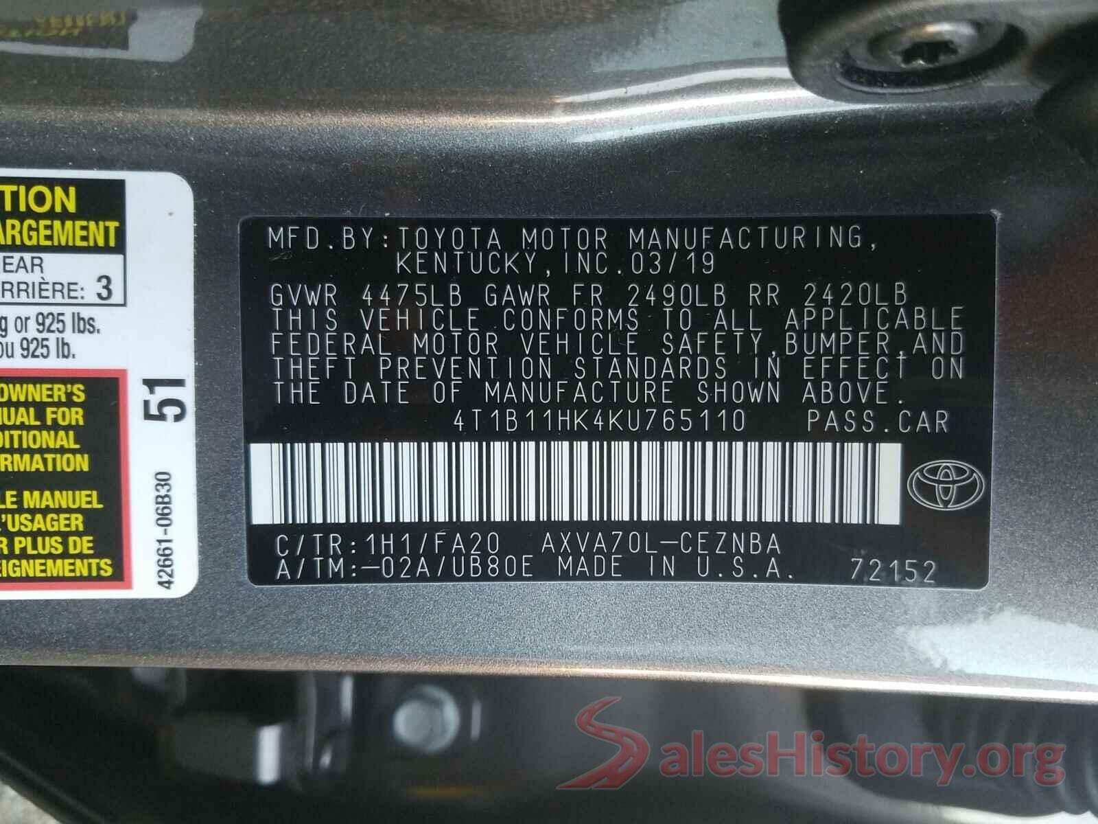 4T1B11HK4KU765110 2019 TOYOTA CAMRY