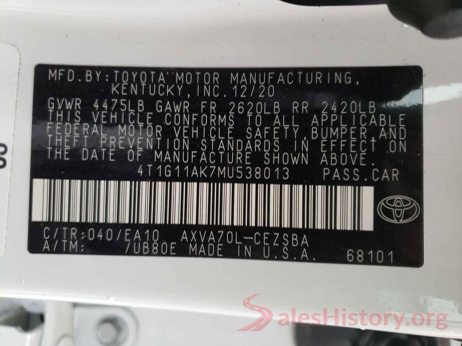 4T1G11AK7MU538013 2021 TOYOTA CAMRY