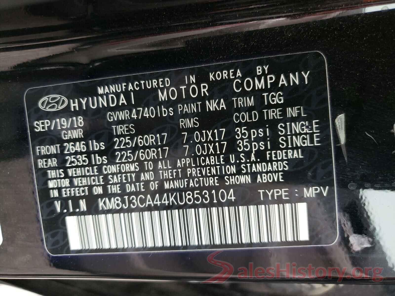 KM8J3CA44KU853104 2019 HYUNDAI TUCSON