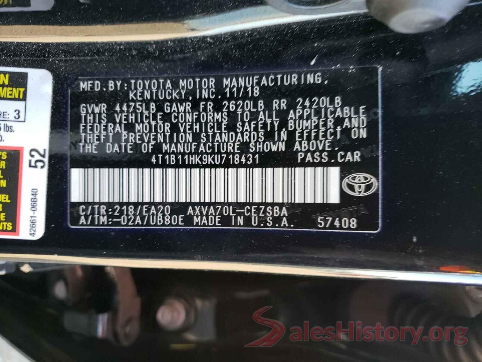 4T1B11HK9KU718431 2019 TOYOTA CAMRY