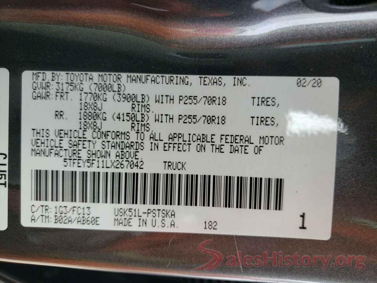 5TFEY5F11LX267042 2020 TOYOTA TUNDRA