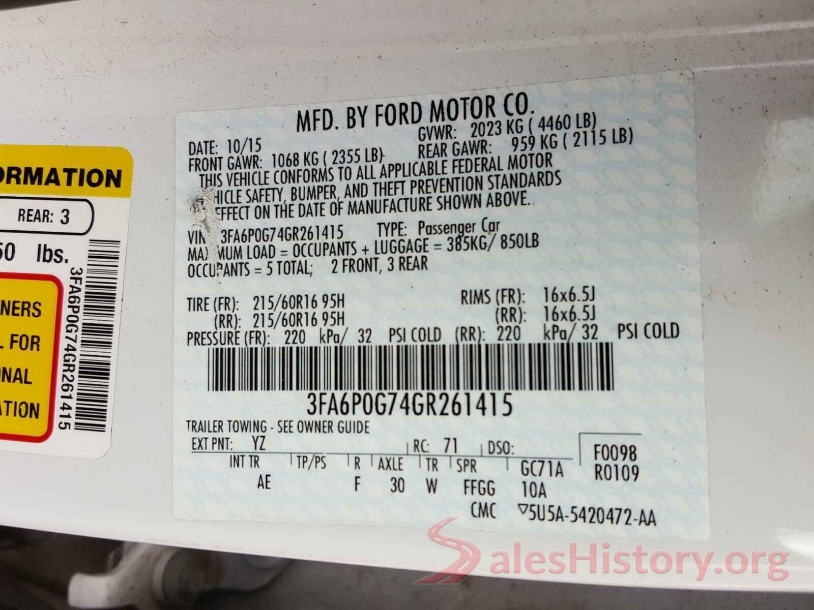 3FA6P0G74GR261415 2016 FORD FUSION