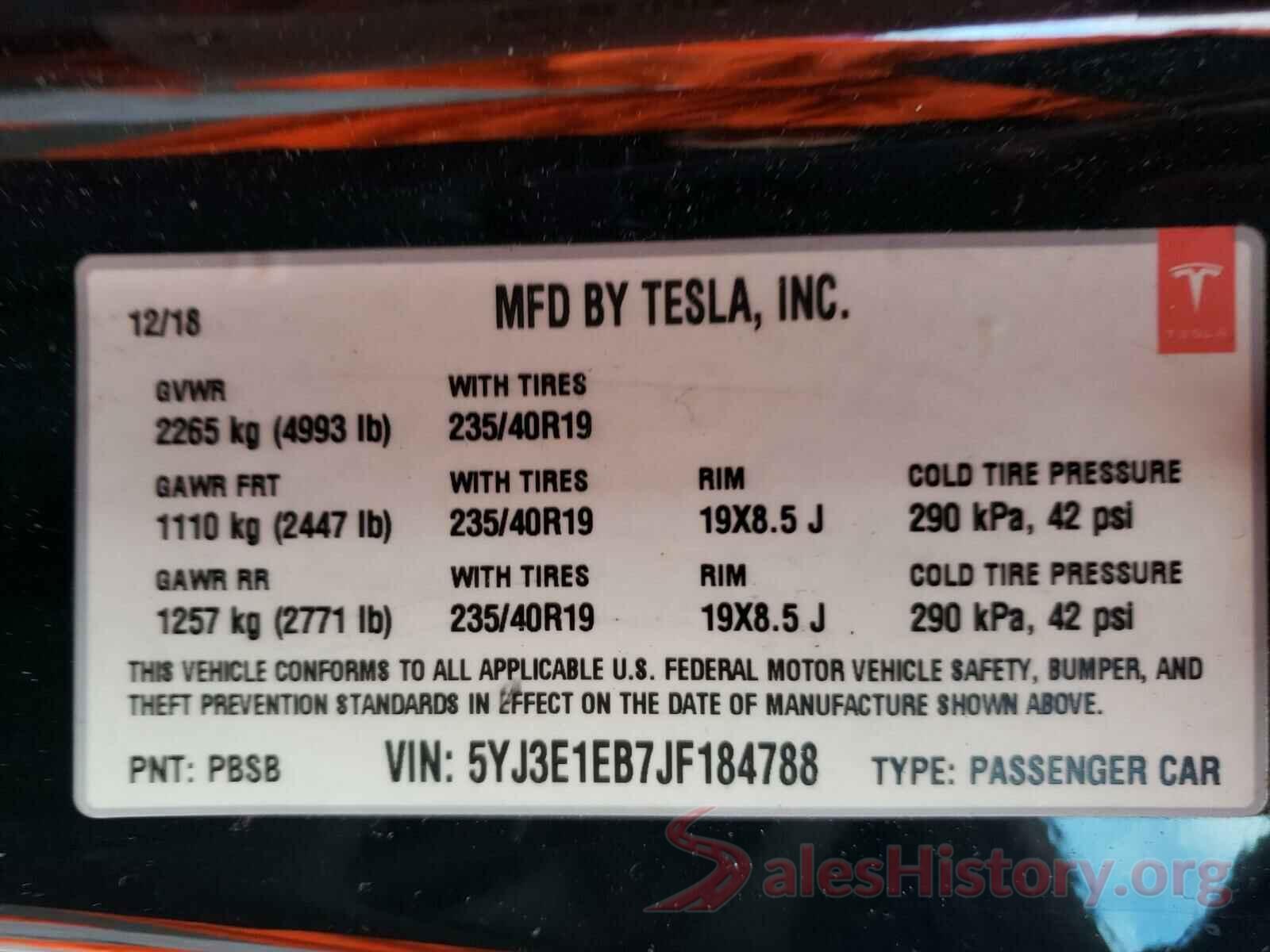 5YJ3E1EB7JF184788 2018 TESLA MODEL 3