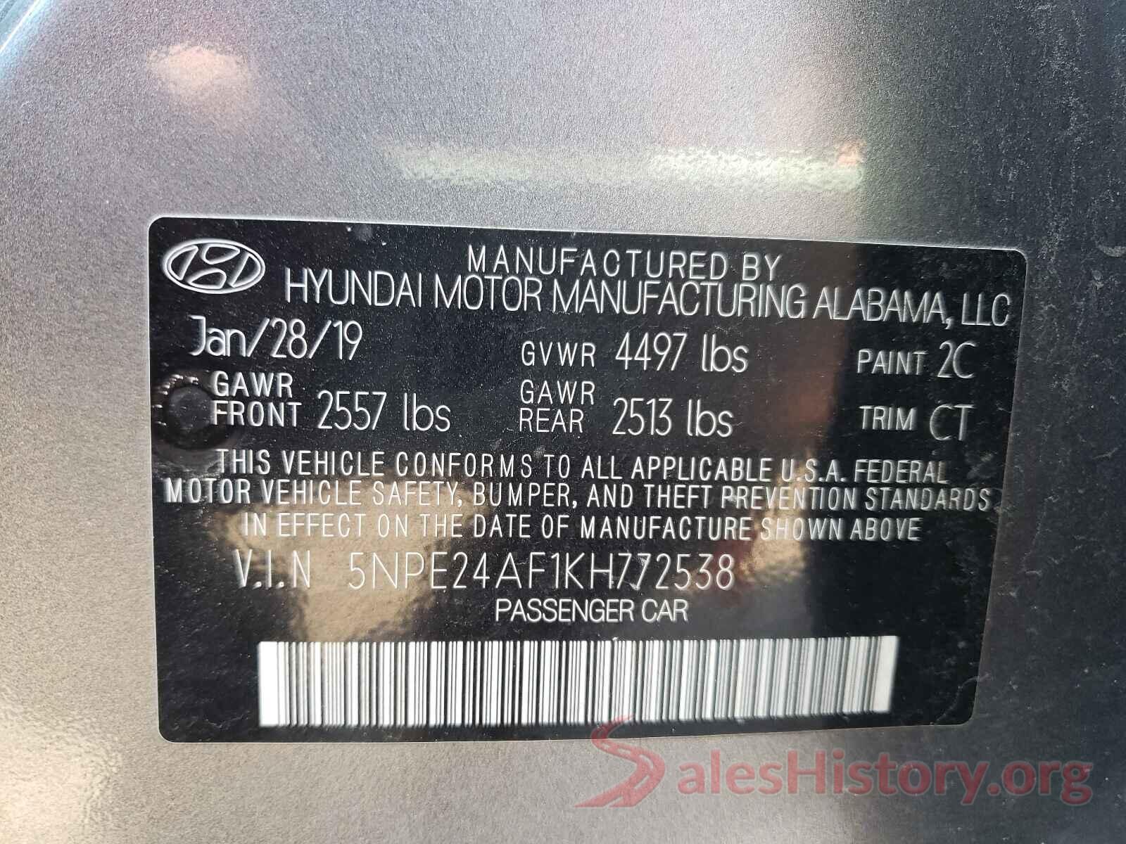 5NPE24AF1KH772538 2019 HYUNDAI SONATA