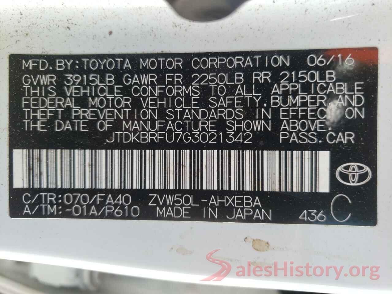 JTDKBRFU7G3021342 2016 TOYOTA PRIUS