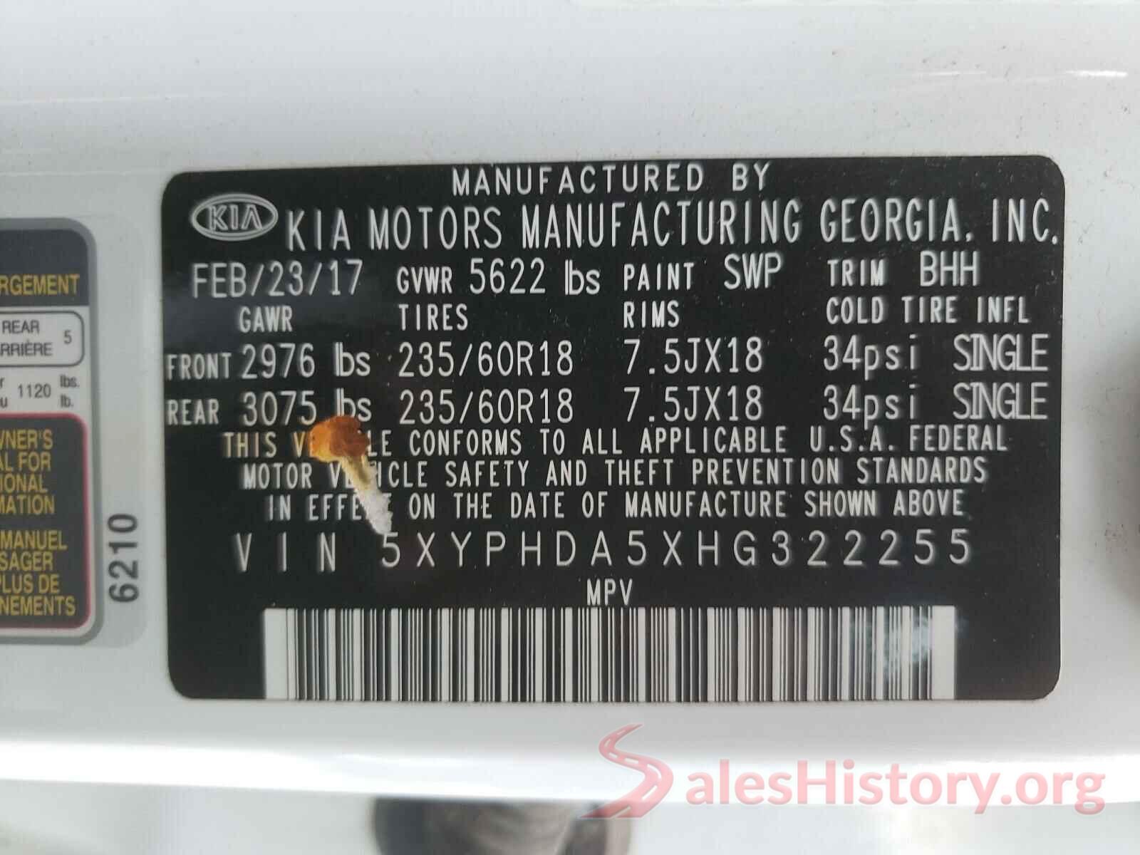 5XYPHDA5XHG322255 2017 KIA SORENTO