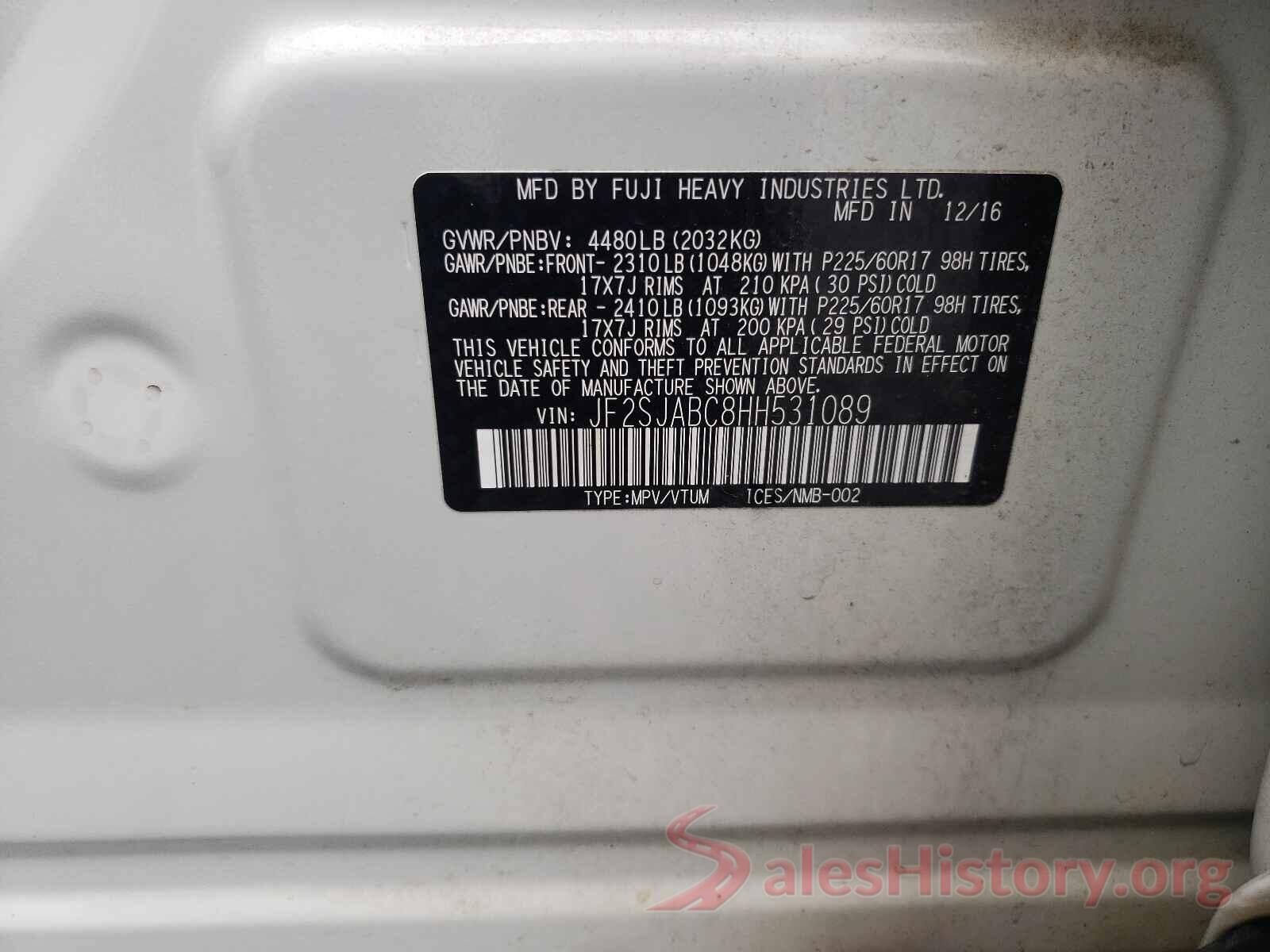 JF2SJABC8HH531089 2017 SUBARU FORESTER