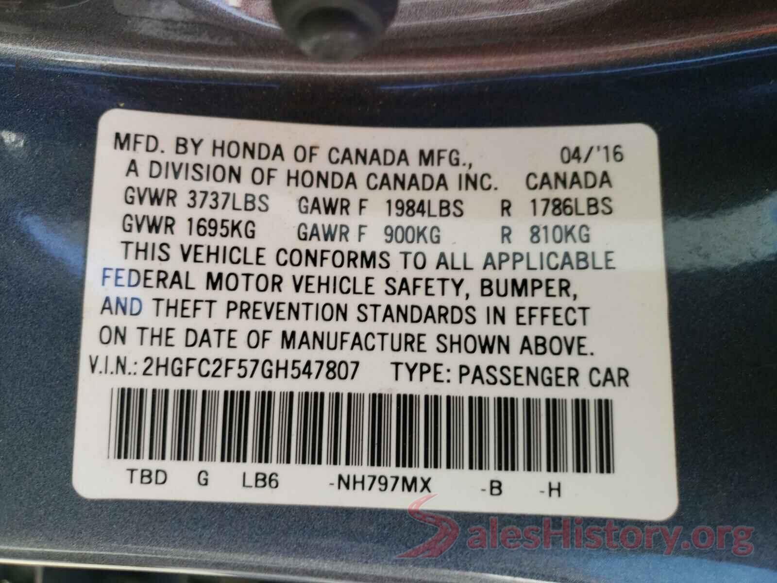 2HGFC2F57GH547807 2016 HONDA CIVIC