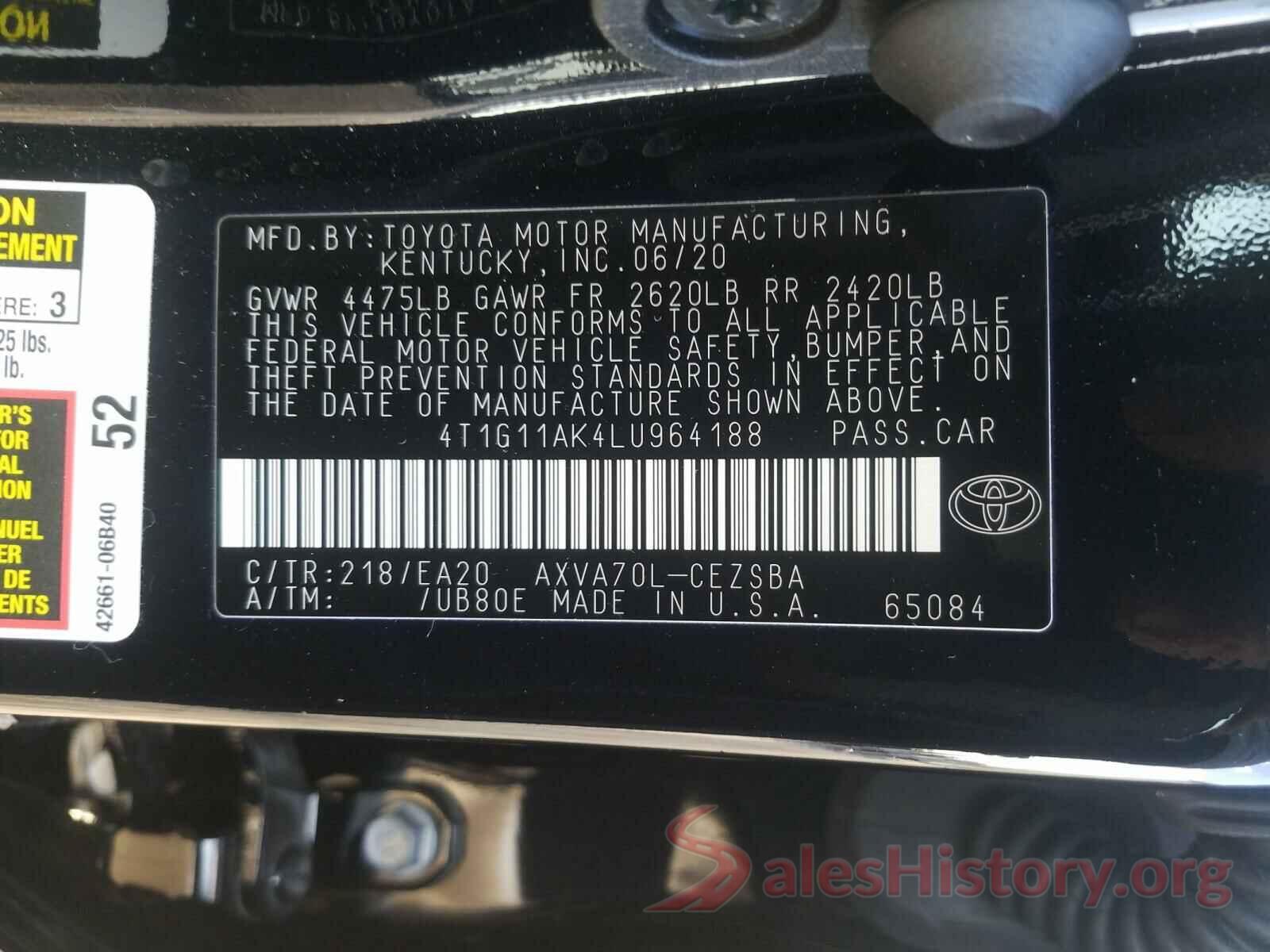 4T1G11AK4LU964188 2020 TOYOTA CAMRY