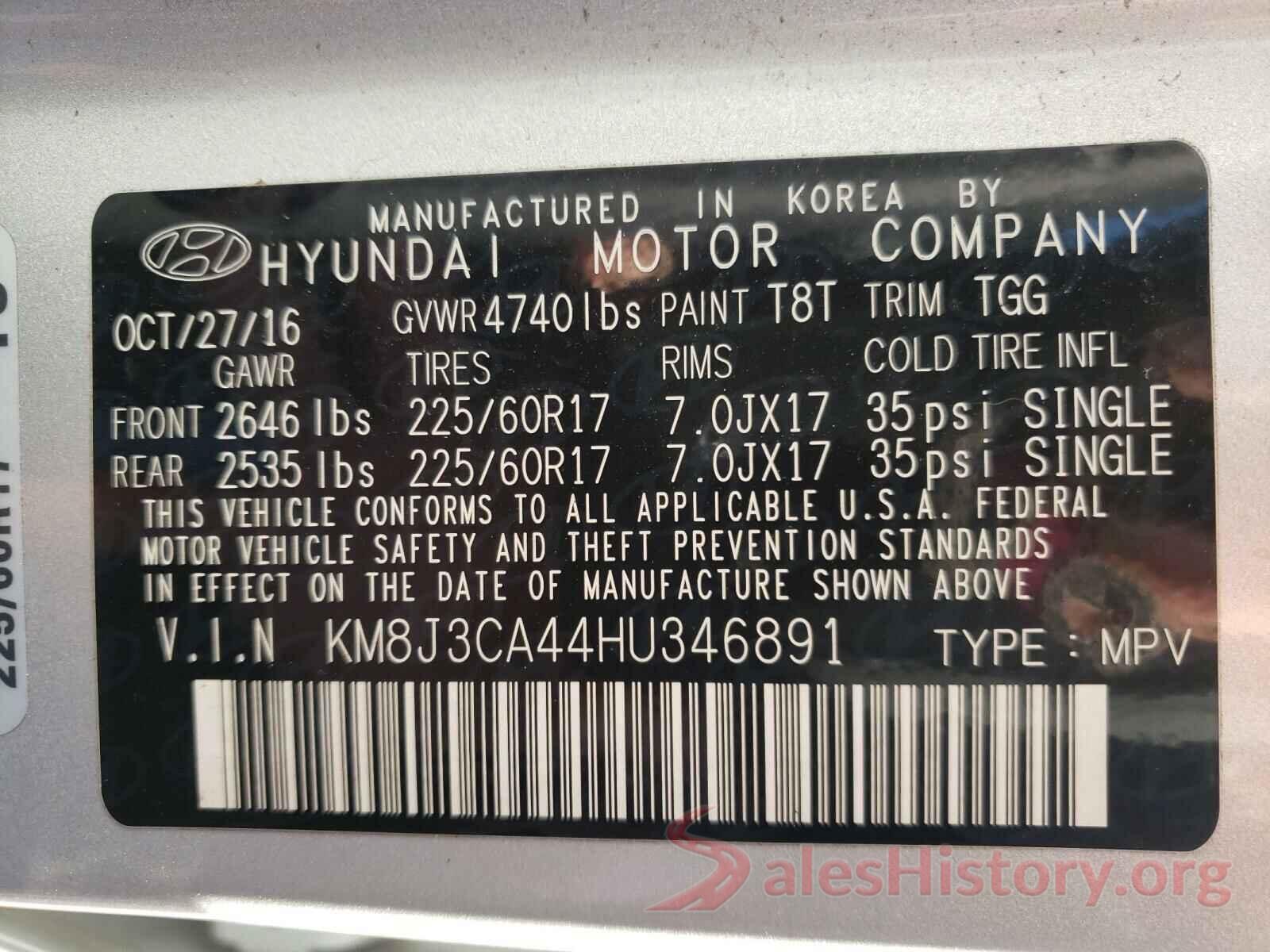 KM8J3CA44HU346891 2017 HYUNDAI TUCSON