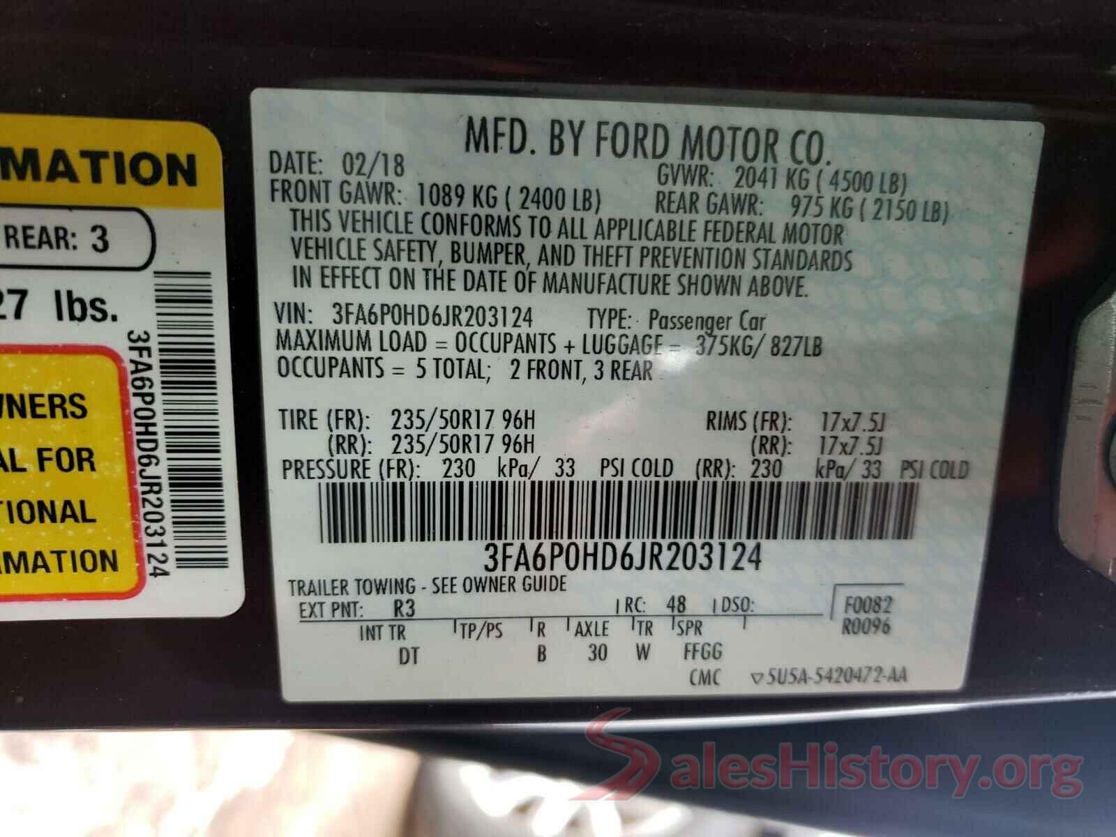 3FA6P0HD6JR203124 2018 FORD FUSION