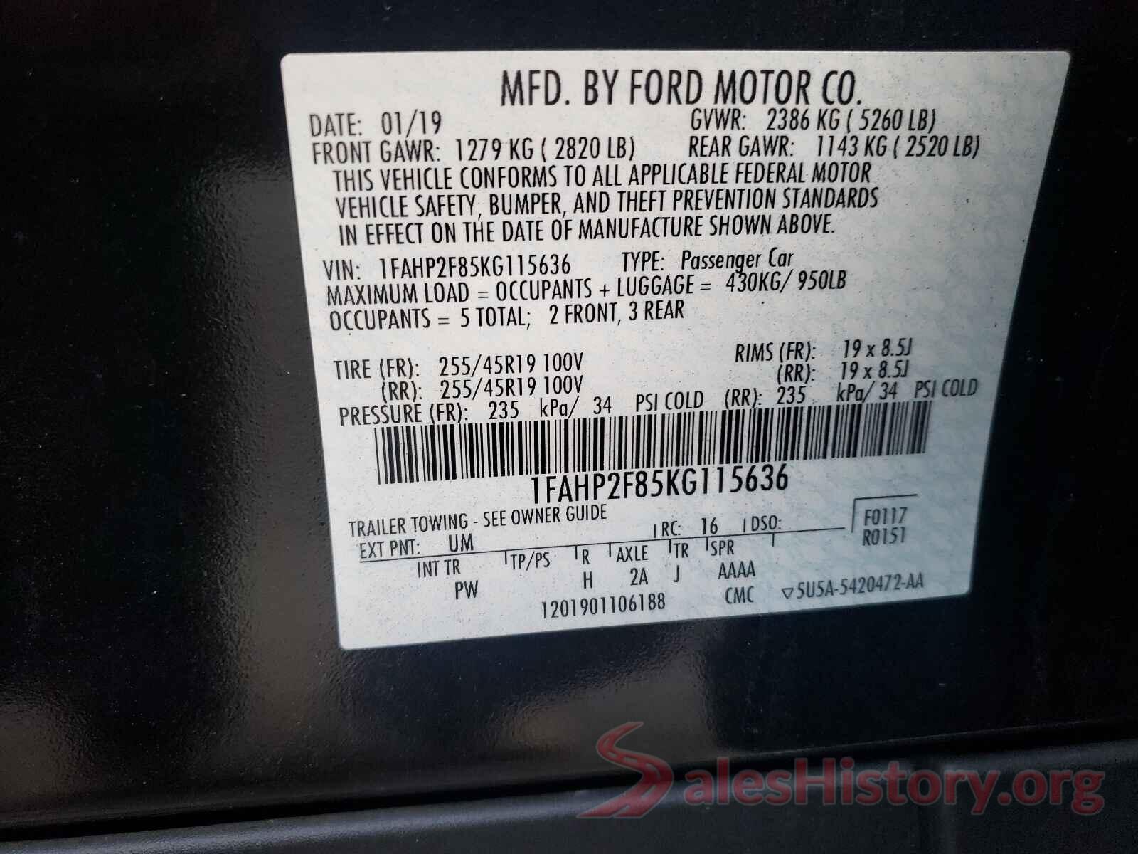 1FAHP2F85KG115636 2019 FORD TAURUS