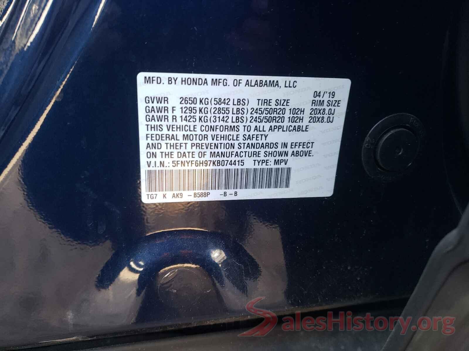 5FNYF6H97KB074415 2019 HONDA PILOT