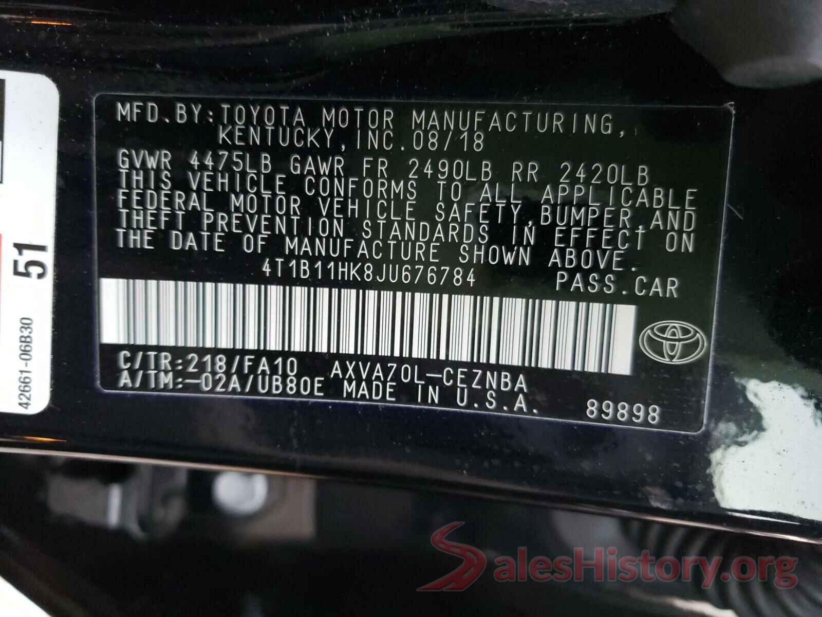 4T1B11HK8JU676784 2018 TOYOTA CAMRY