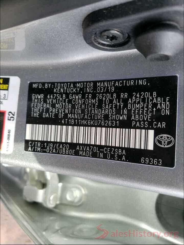 4T1B11HK6KU762631 2019 TOYOTA CAMRY