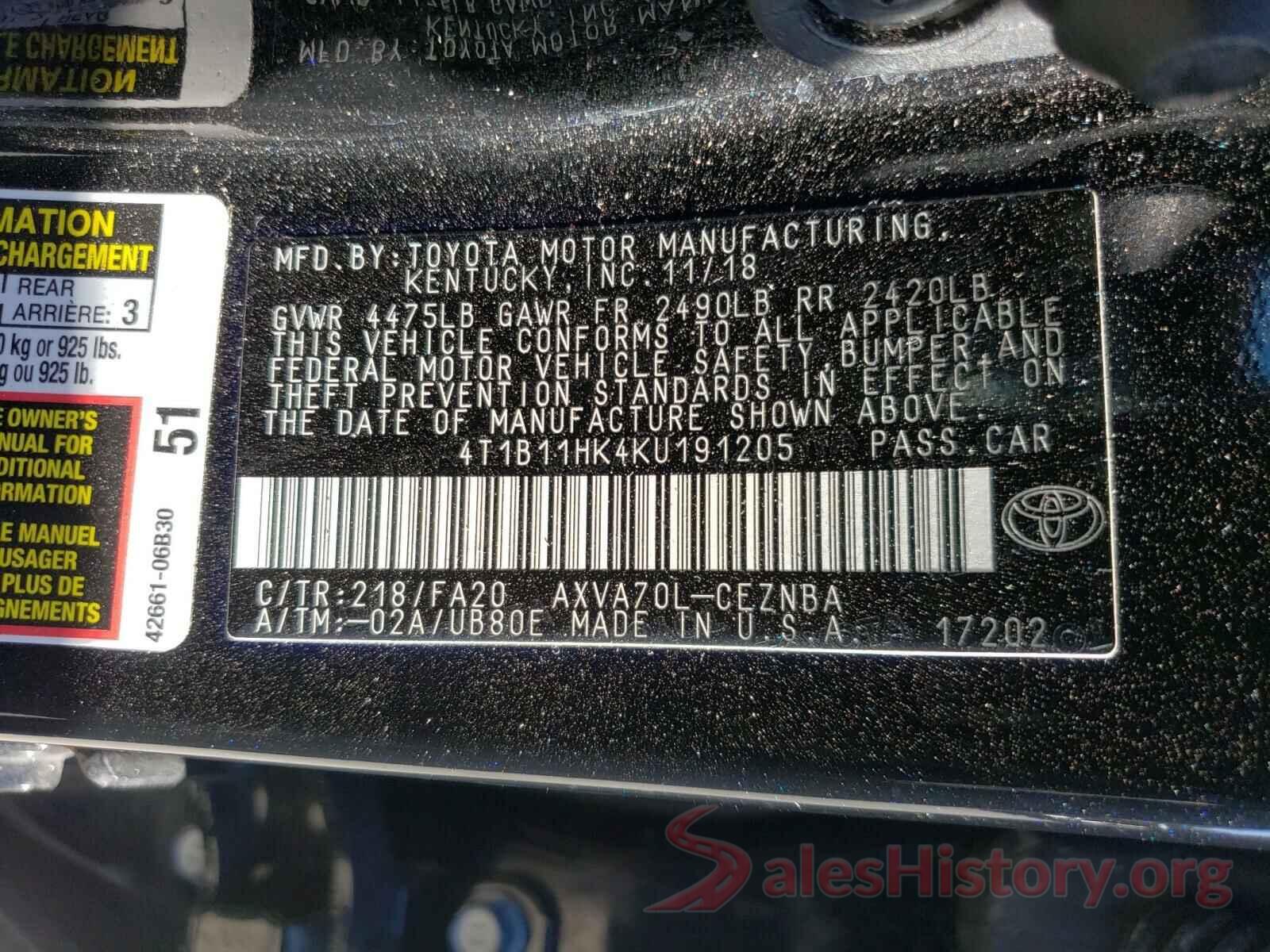 4T1B11HK4KU191205 2019 TOYOTA CAMRY