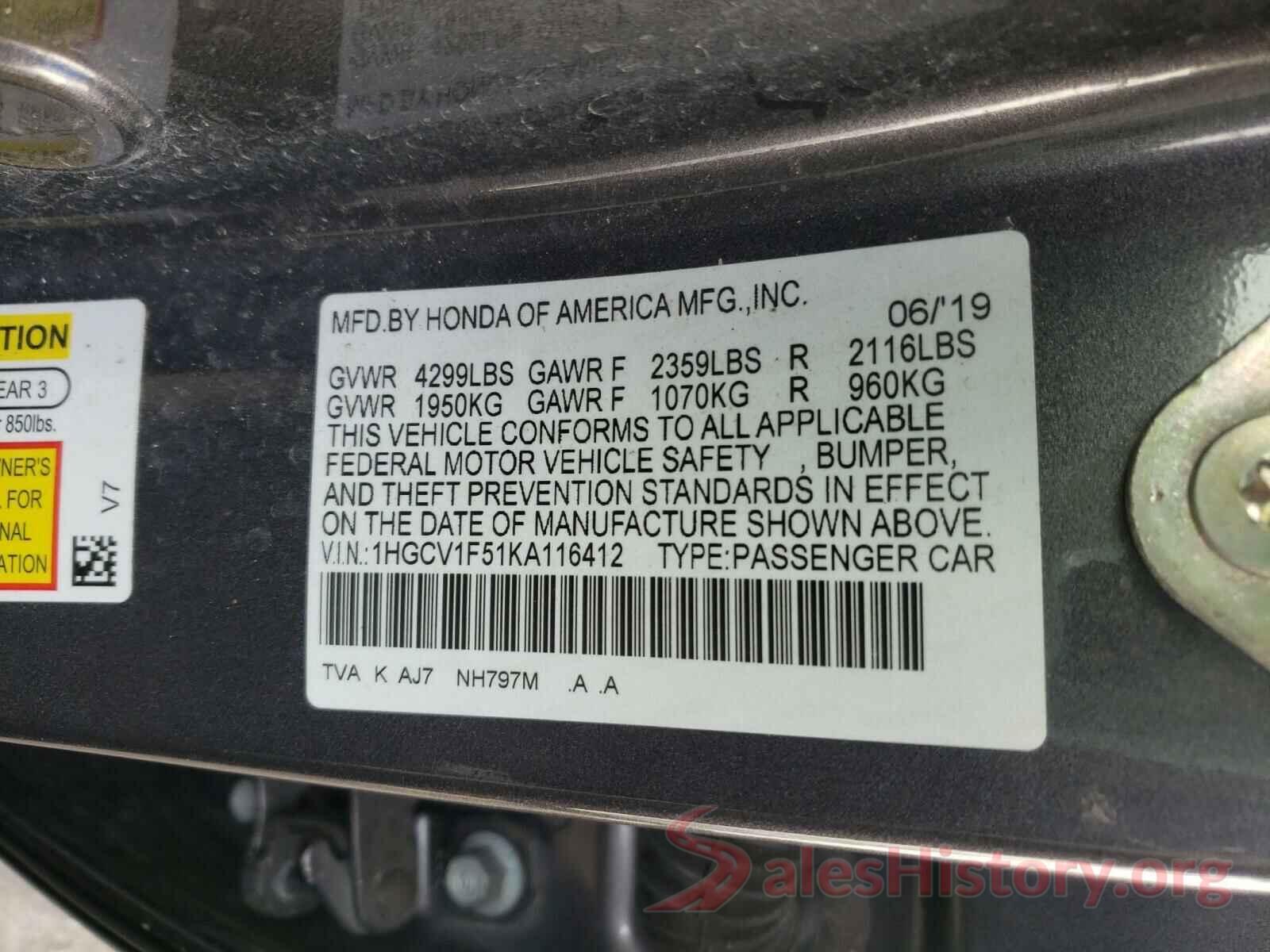 1HGCV1F51KA116412 2019 HONDA ACCORD