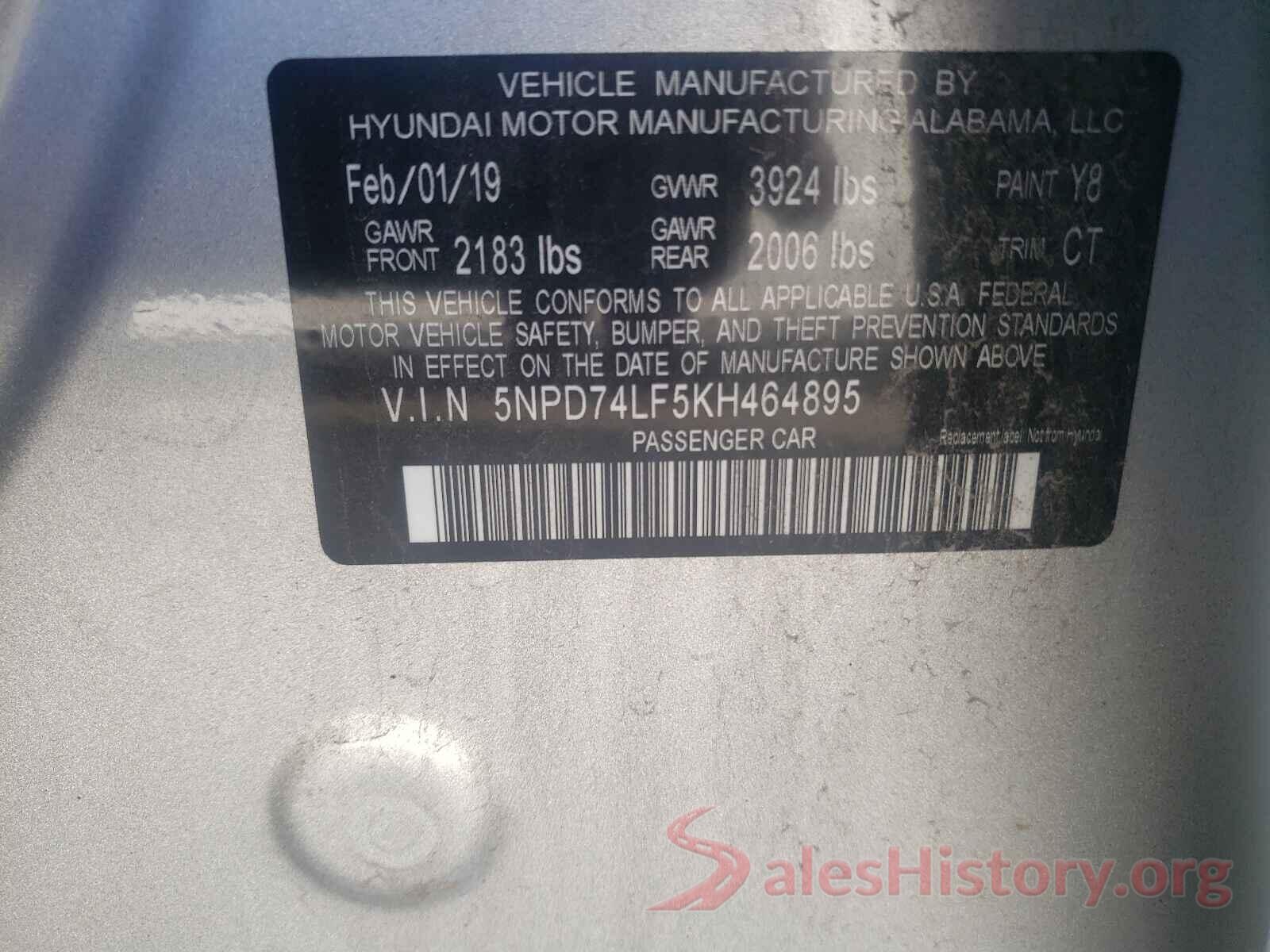 5NPD74LF5KH464895 2019 HYUNDAI ELANTRA