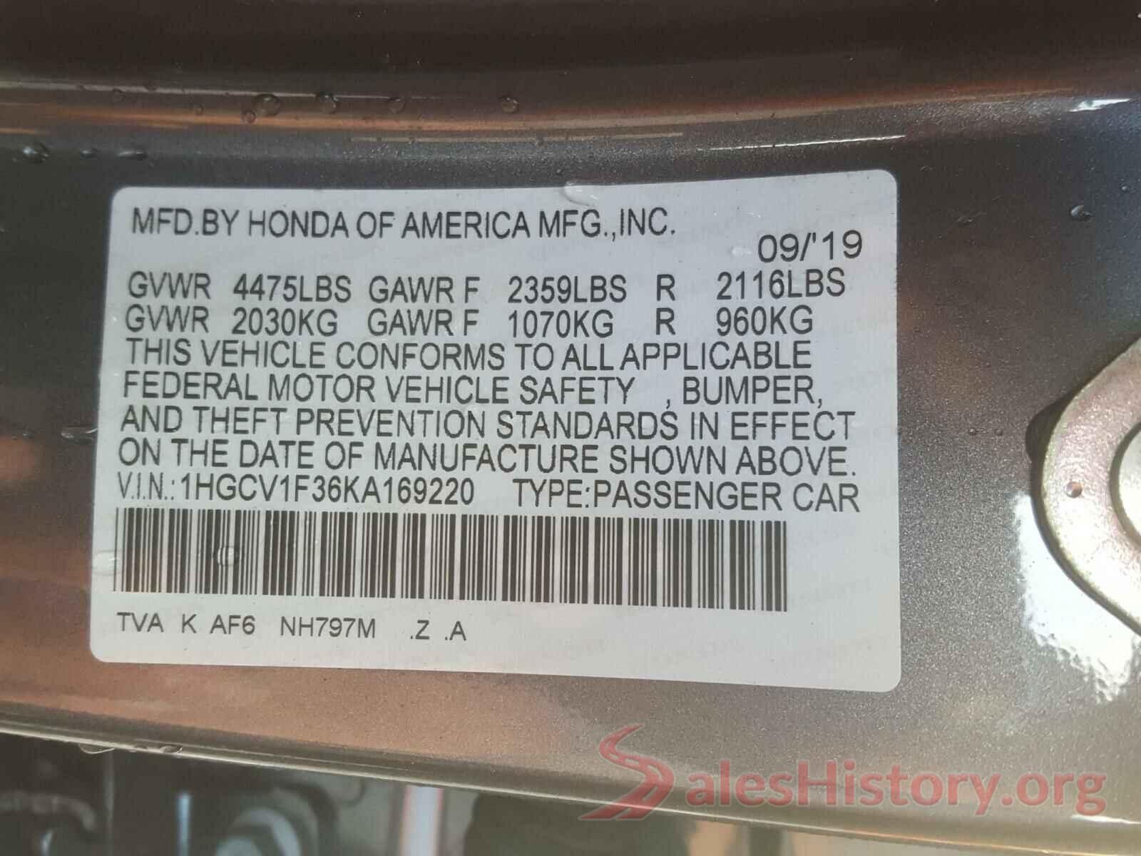 1HGCV1F36KA169220 2019 HONDA ACCORD