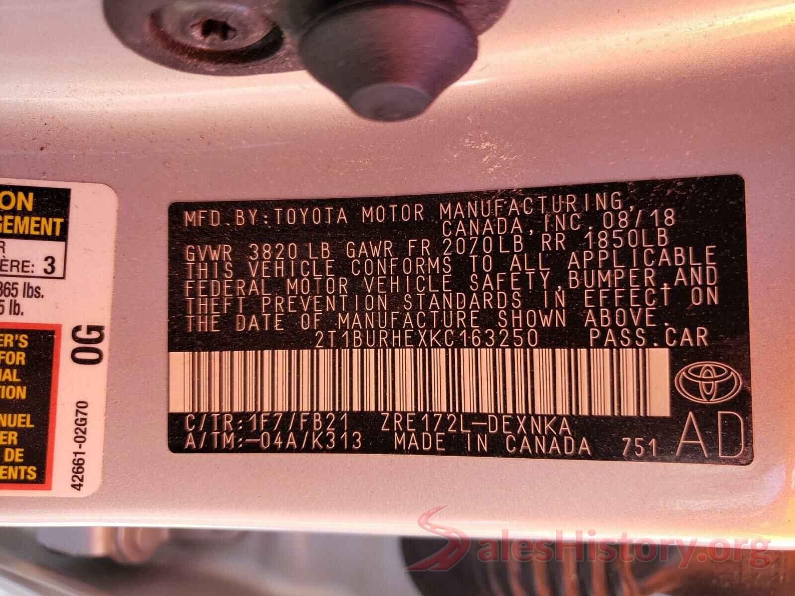 2T1BURHEXKC163250 2019 TOYOTA COROLLA