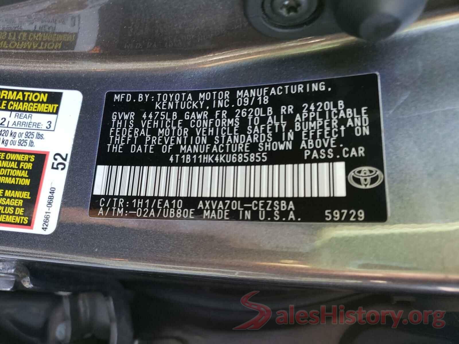 4T1B11HK4KU685855 2019 TOYOTA CAMRY