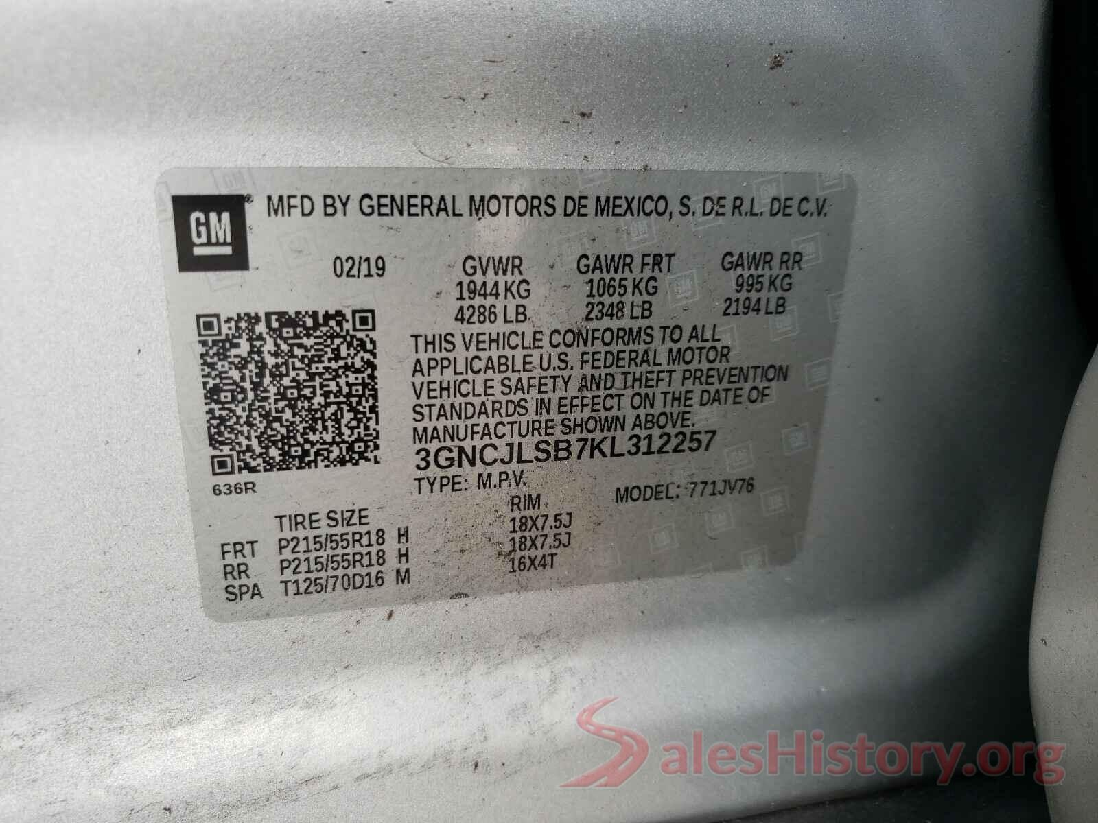 3GNCJLSB7KL312257 2019 CHEVROLET TRAX