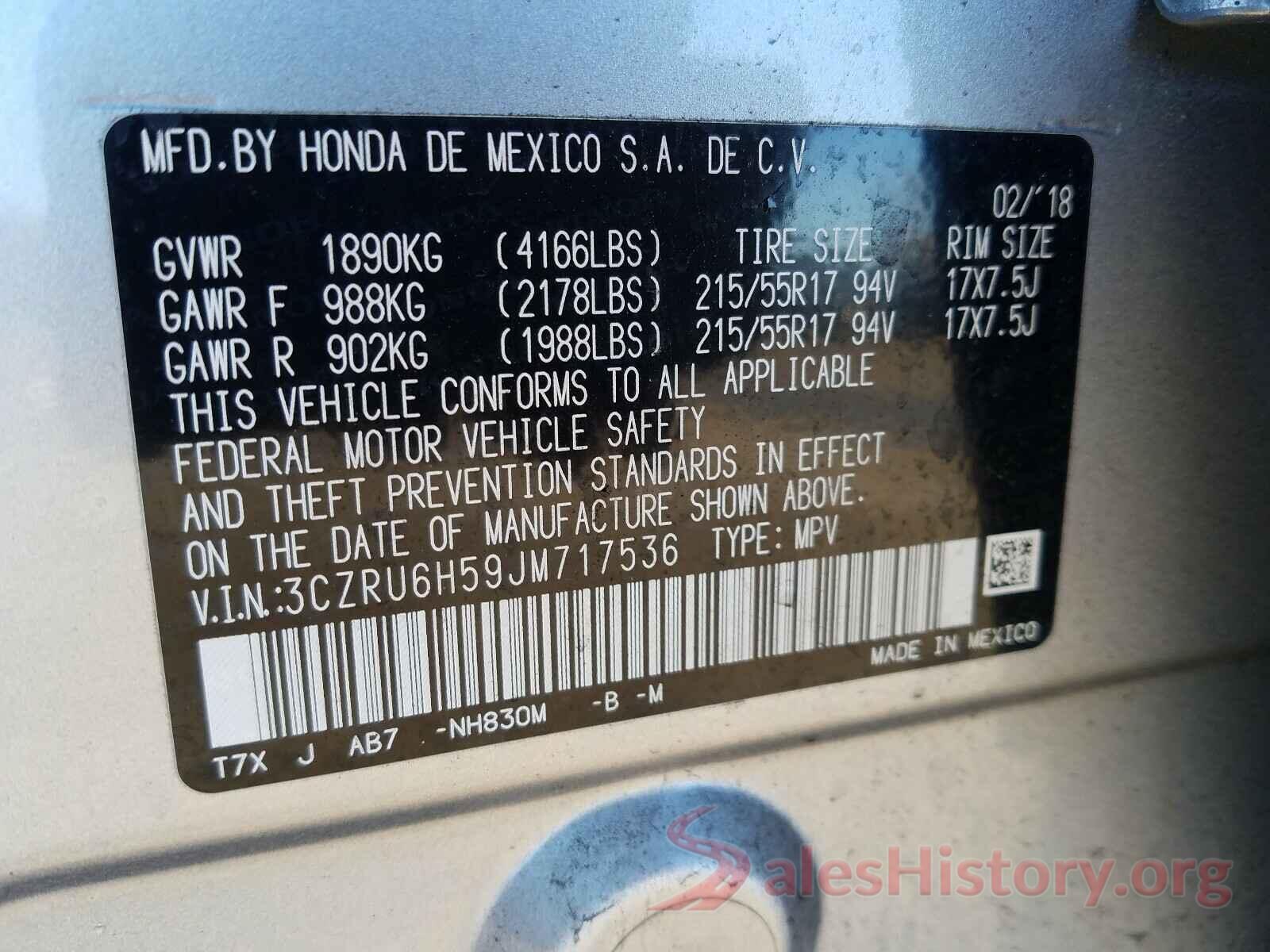 3CZRU6H59JM717536 2018 HONDA HR-V