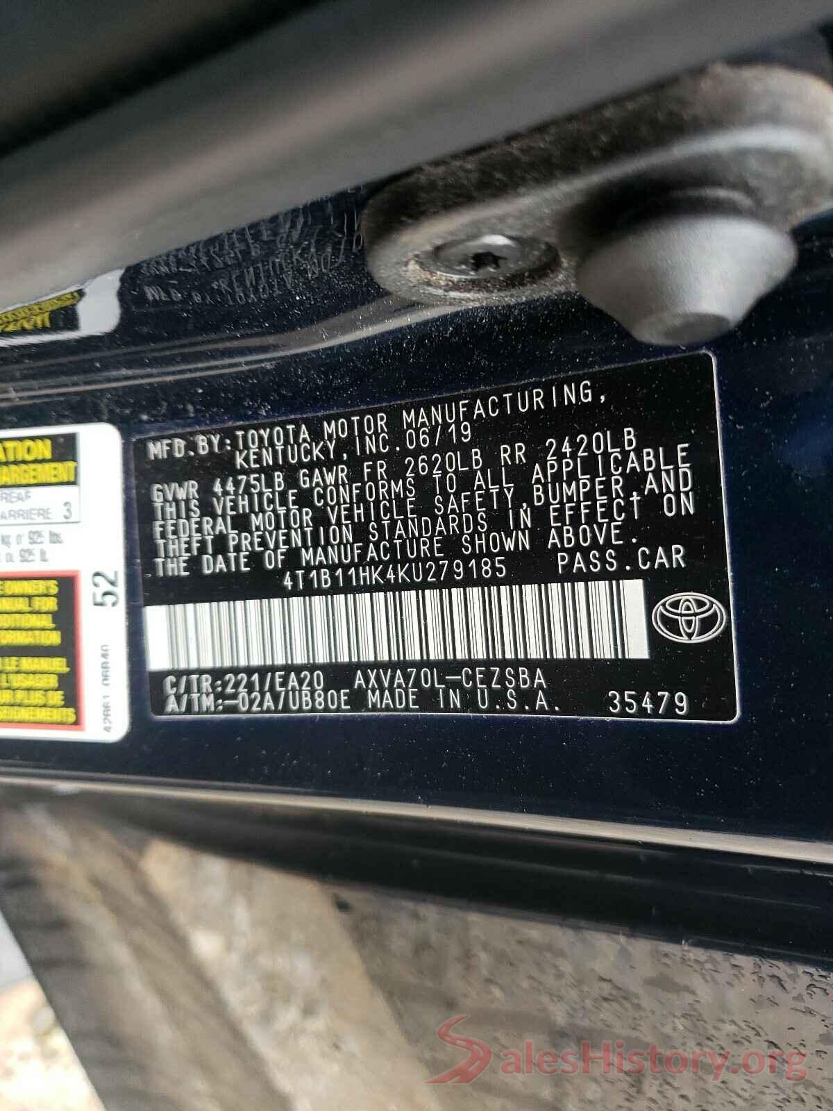 4T1B11HK4KU279185 2019 TOYOTA CAMRY