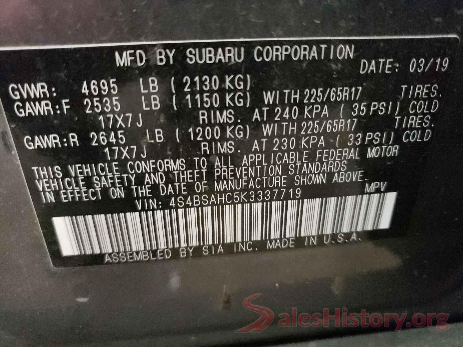 4S4BSAHC5K3337719 2019 SUBARU OUTBACK