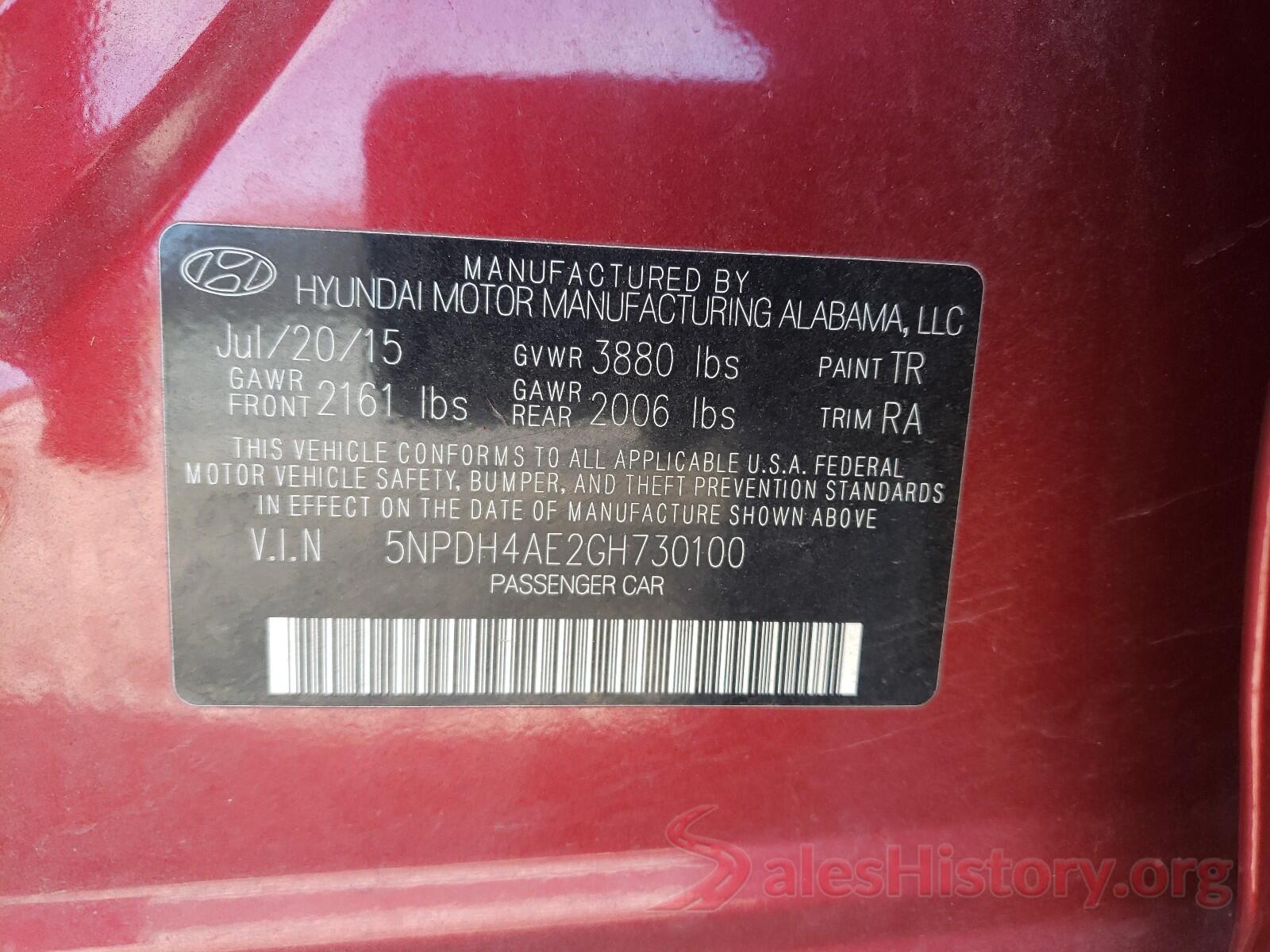 5NPDH4AE2GH730100 2016 HYUNDAI ELANTRA