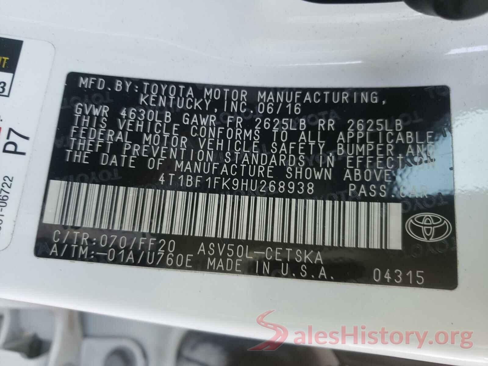 4T1BF1FK9HU268938 2017 TOYOTA CAMRY