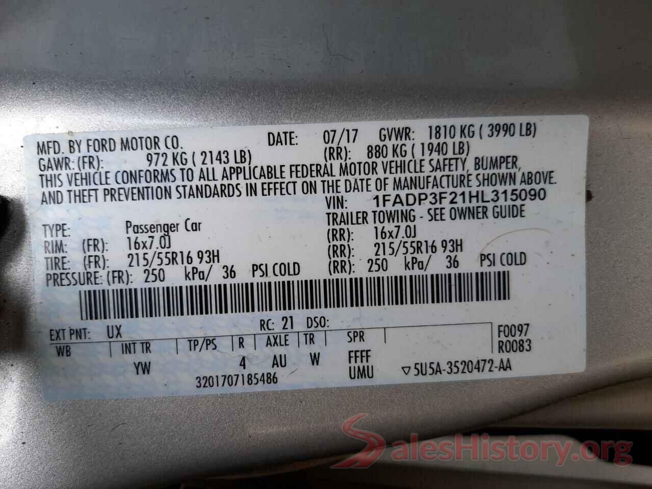 1FADP3F21HL315090 2017 FORD FOCUS