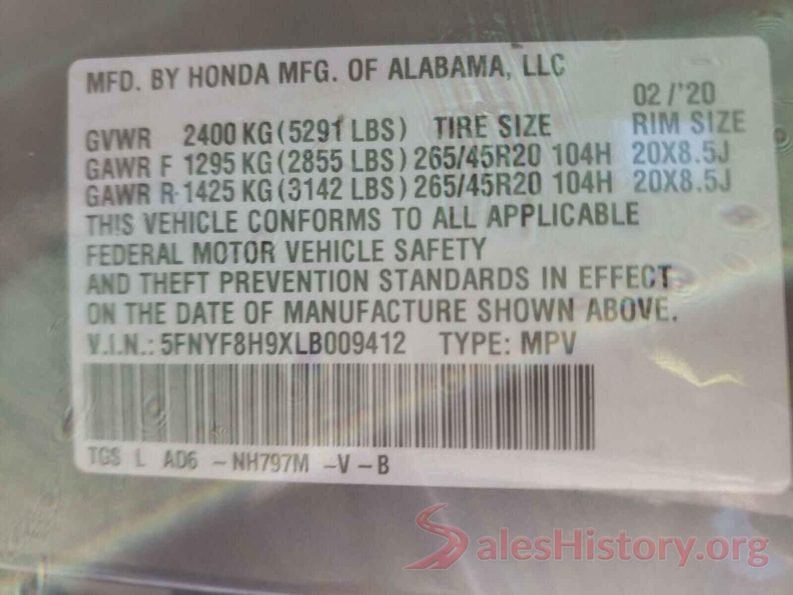 5FNYF8H9XLB009412 2020 HONDA PASSPORT