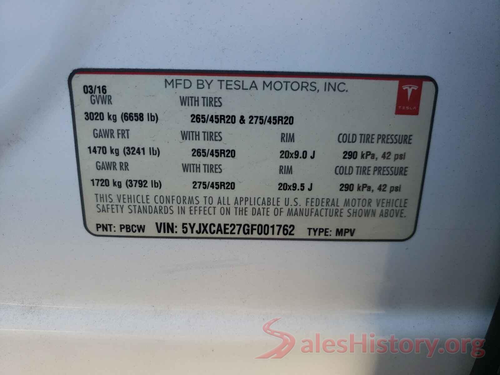 5YJXCAE27GF001762 2016 TESLA MODEL X