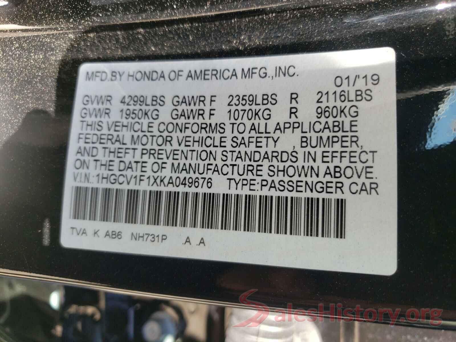 1HGCV1F1XKA049676 2019 HONDA ACCORD