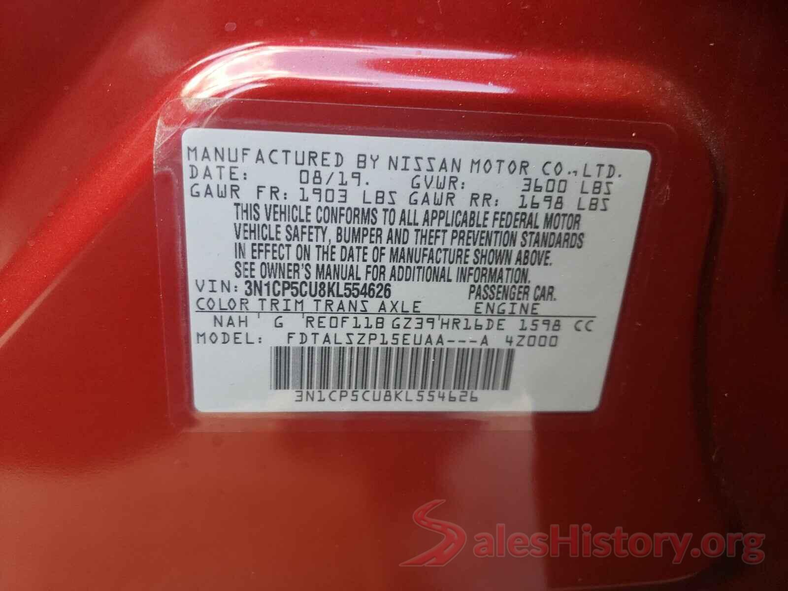 3N1CP5CU8KL554626 2019 NISSAN KICKS