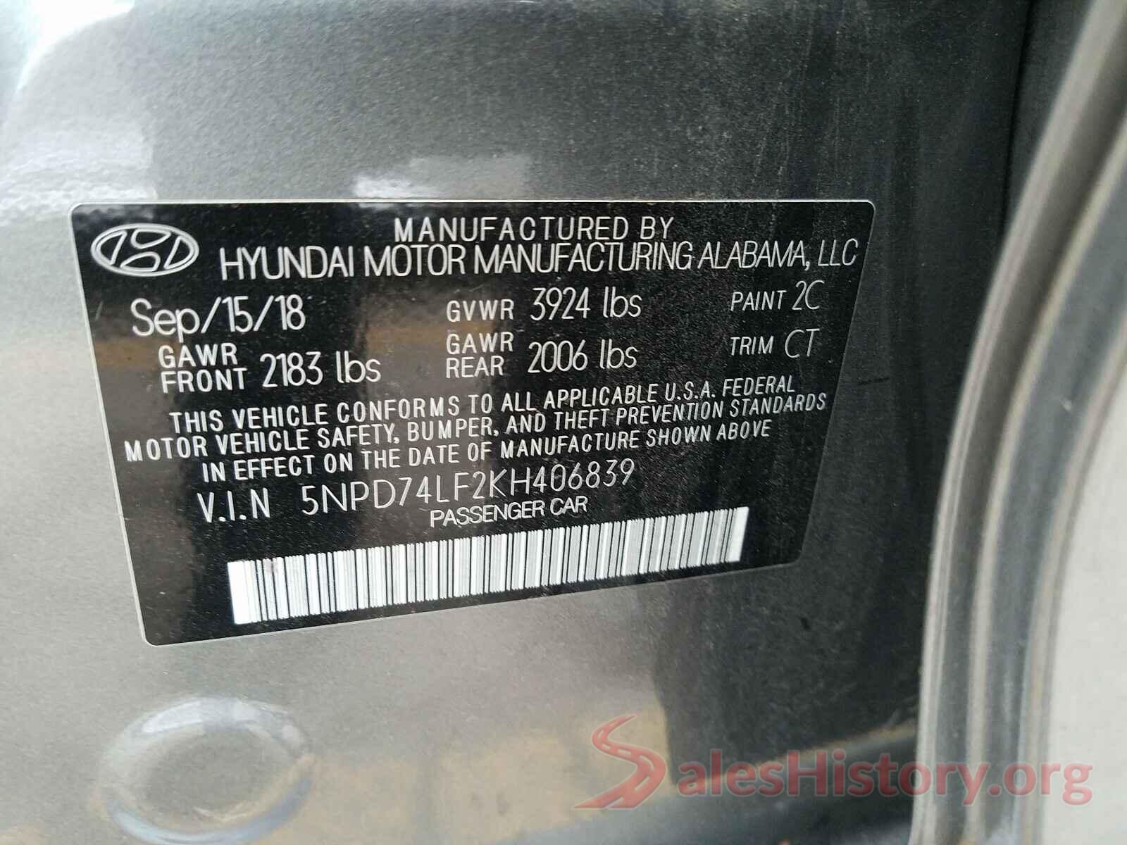 5NPD74LF2KH406839 2019 HYUNDAI ELANTRA