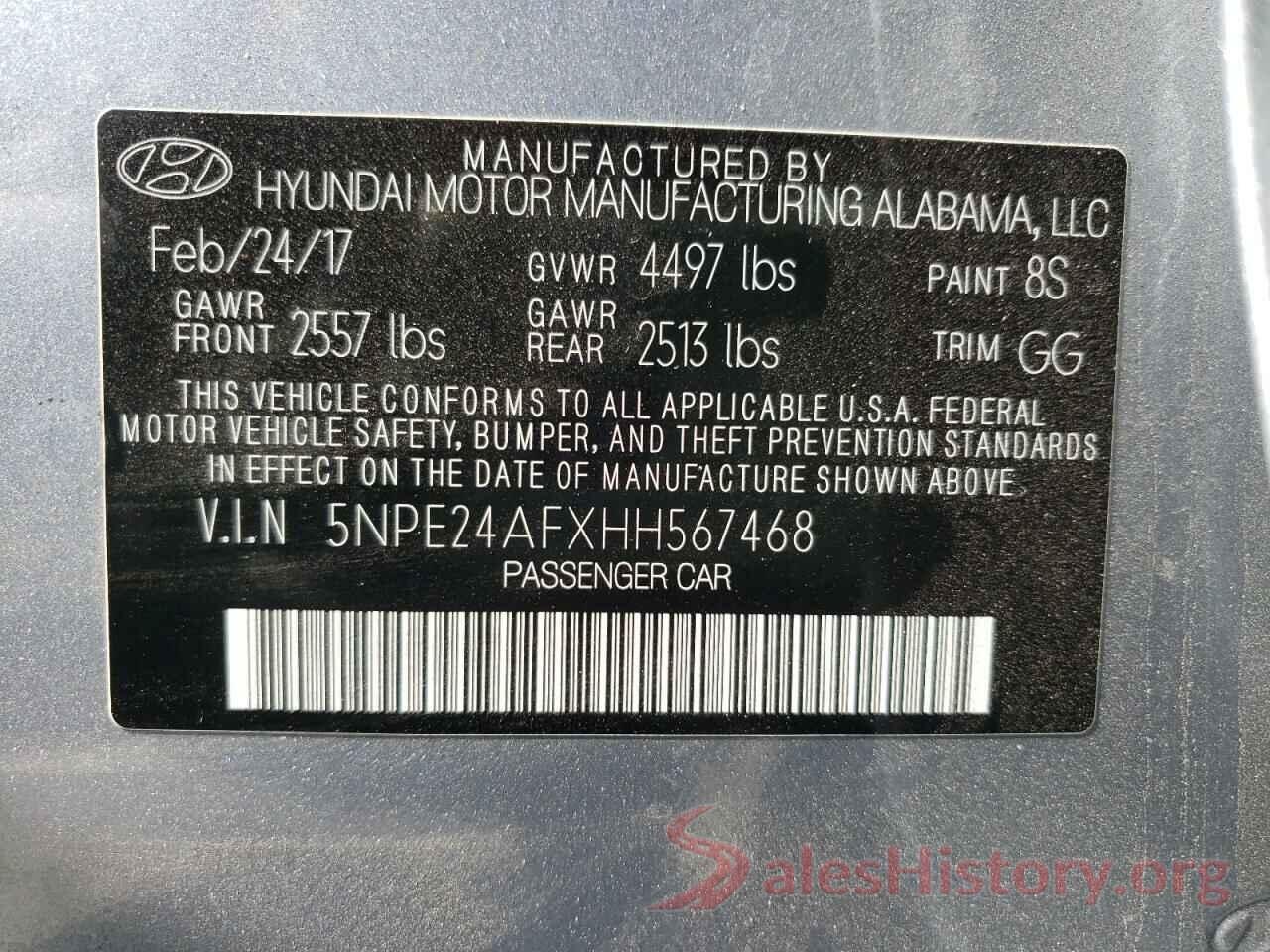 5NPE24AFXHH567468 2017 HYUNDAI SONATA