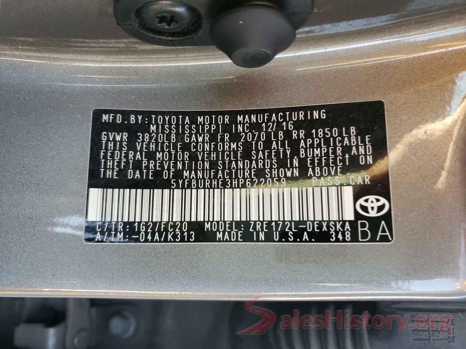 5YFBURHE3HP622059 2017 TOYOTA COROLLA