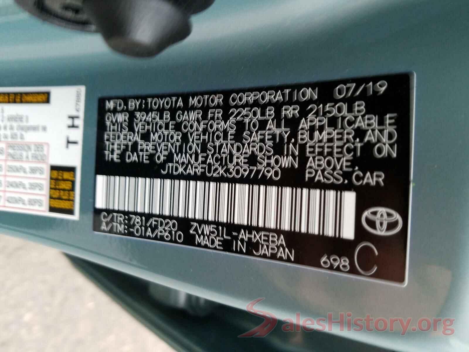 JTDKARFU2K3097790 2019 TOYOTA PRIUS