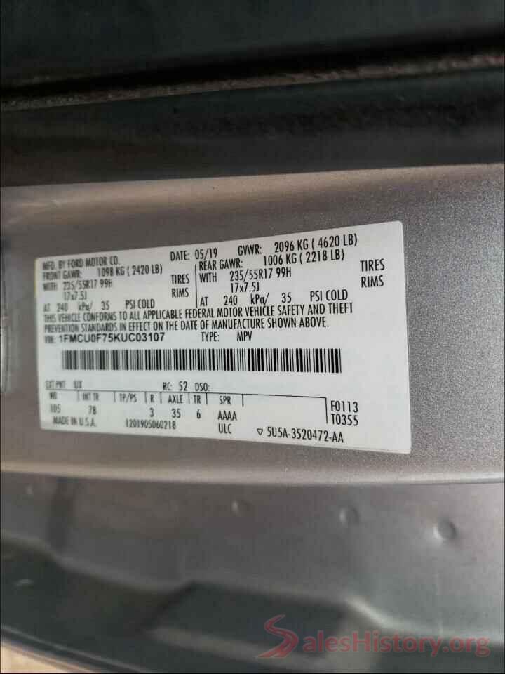 1FMCU0F75KUC03107 2019 FORD ESCAPE