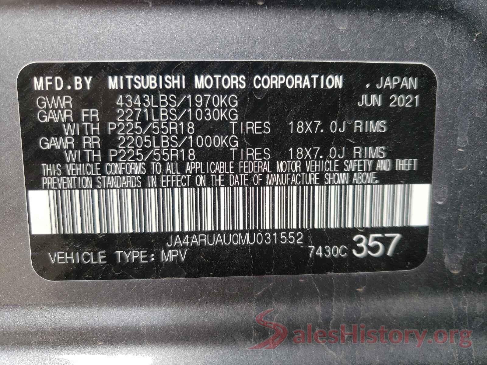 JA4ARUAU0MU031552 2021 MITSUBISHI OUTLANDER