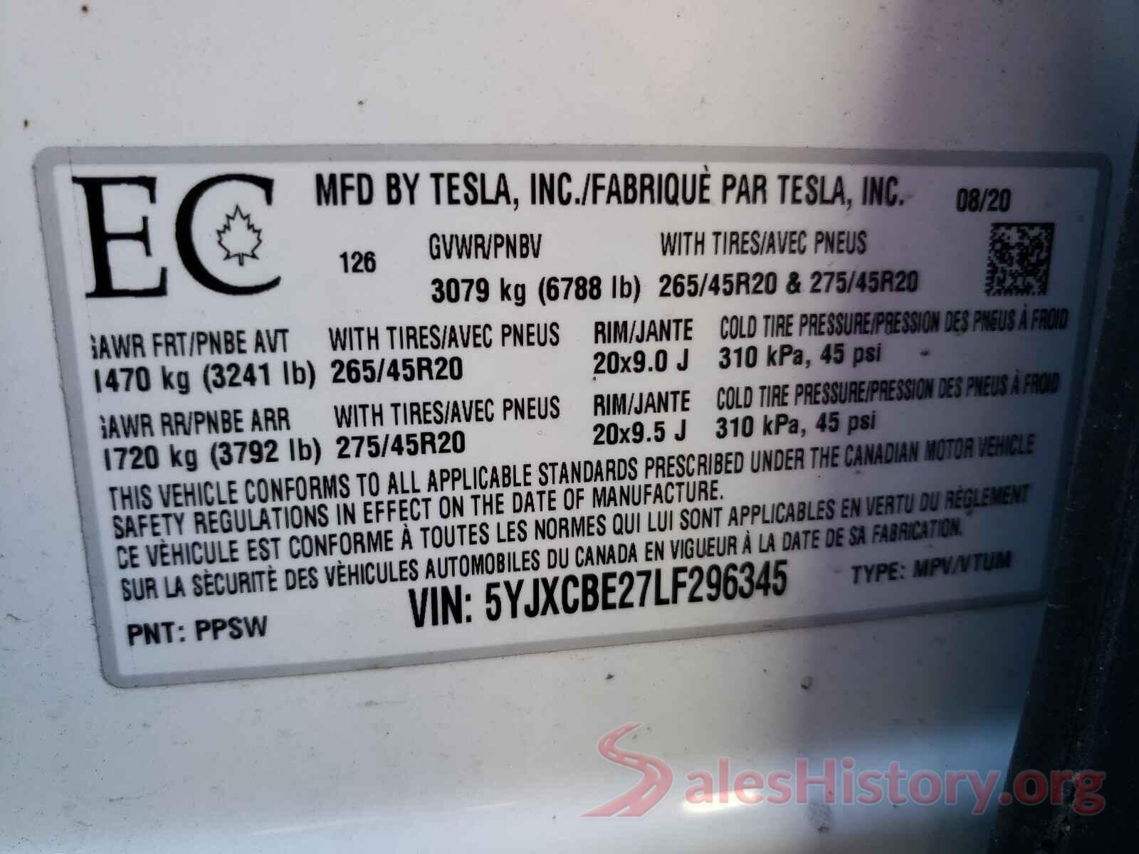 5YJXCBE27LF296345 2020 TESLA MODEL X