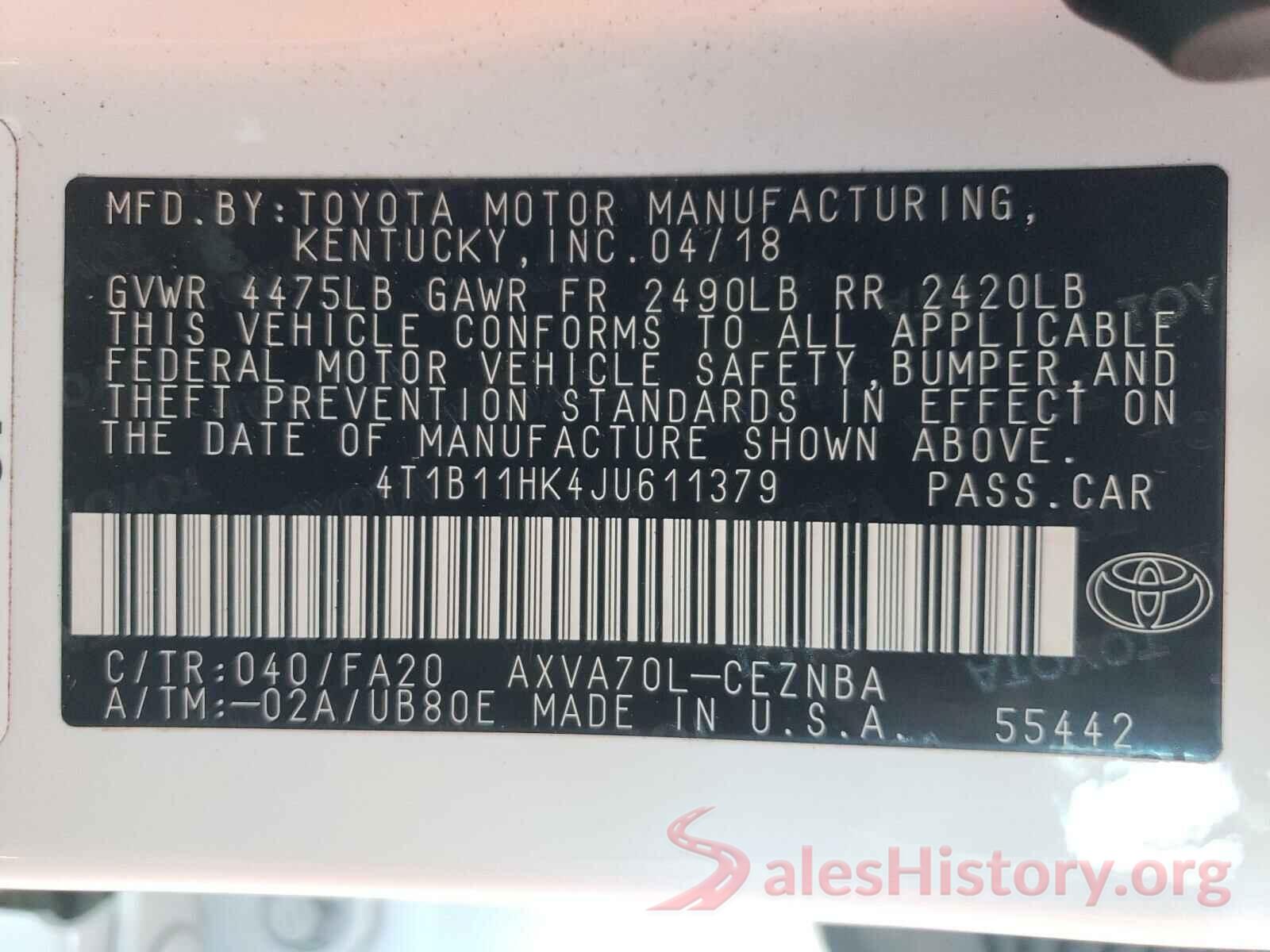 4T1B11HK4JU611379 2018 TOYOTA CAMRY