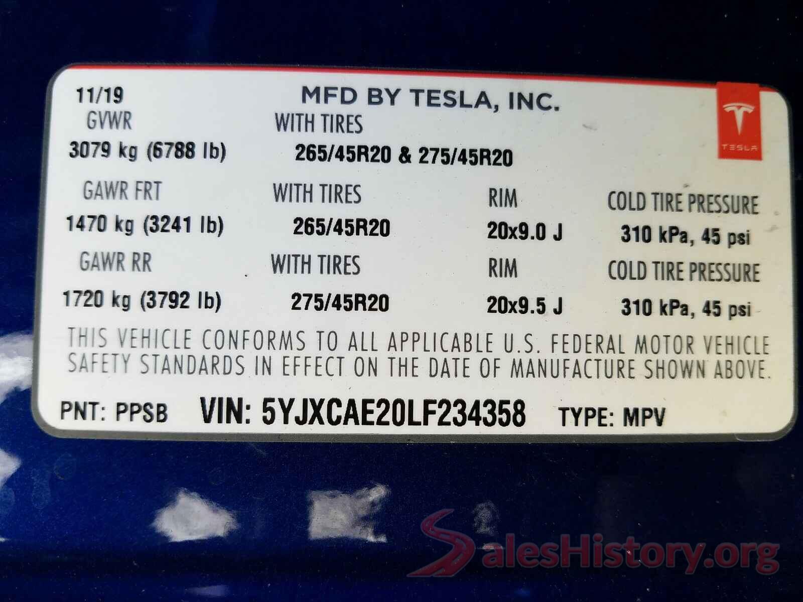 5YJXCAE20LF234358 2020 TESLA MODEL X