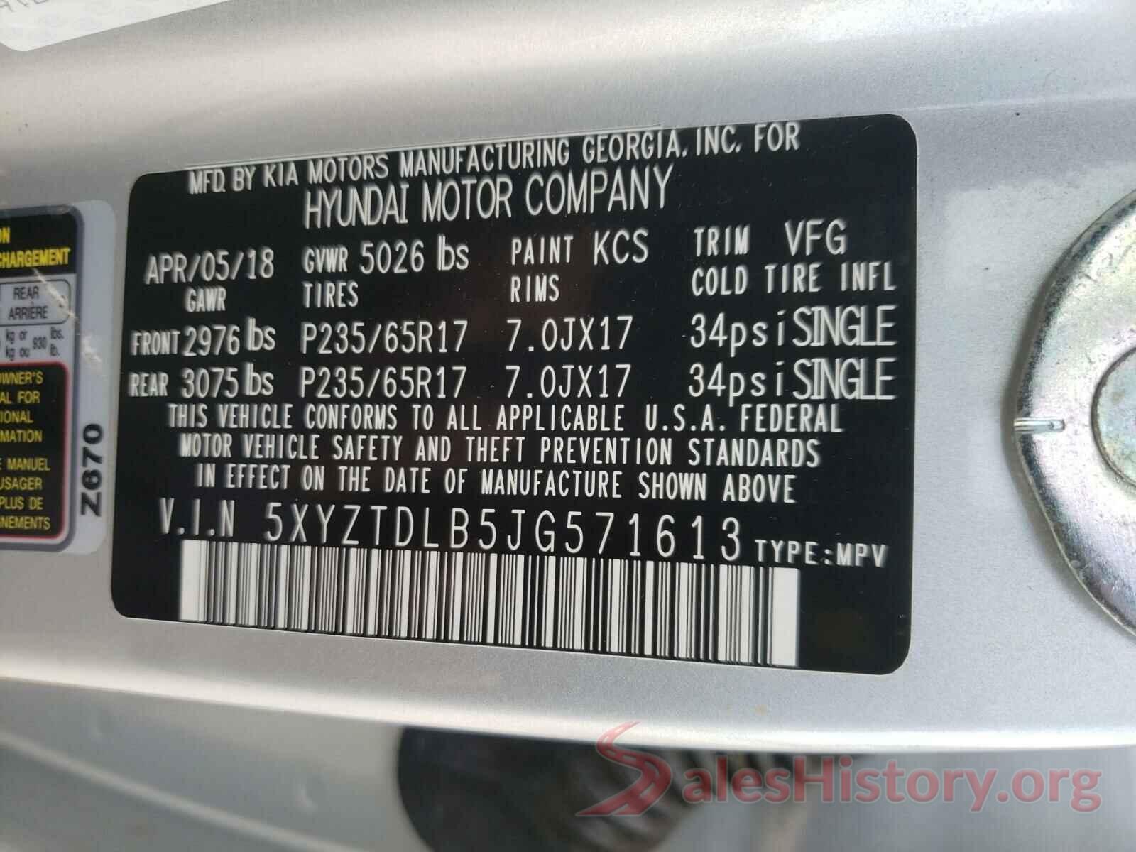 5XYZTDLB5JG571613 2018 HYUNDAI SANTA FE